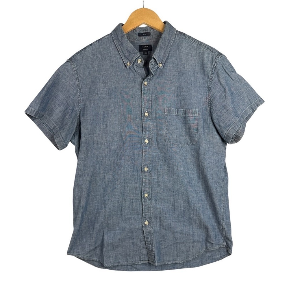 J. Crew Chambray Mens Short Sleeve Button Down Shirt Size Large Slim Fit Blue